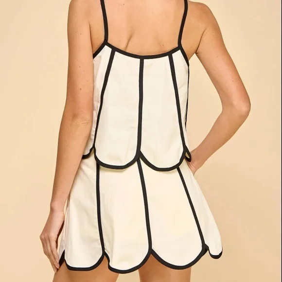 Scalloped Hem Contrast Trim Cream Sleeveless Summer Skort Set - Picture 11 of 11